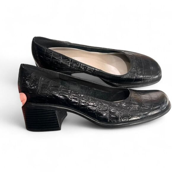 Y2K Chunky Square Toe Leather Croc Block Heels - Picture 1 of 7